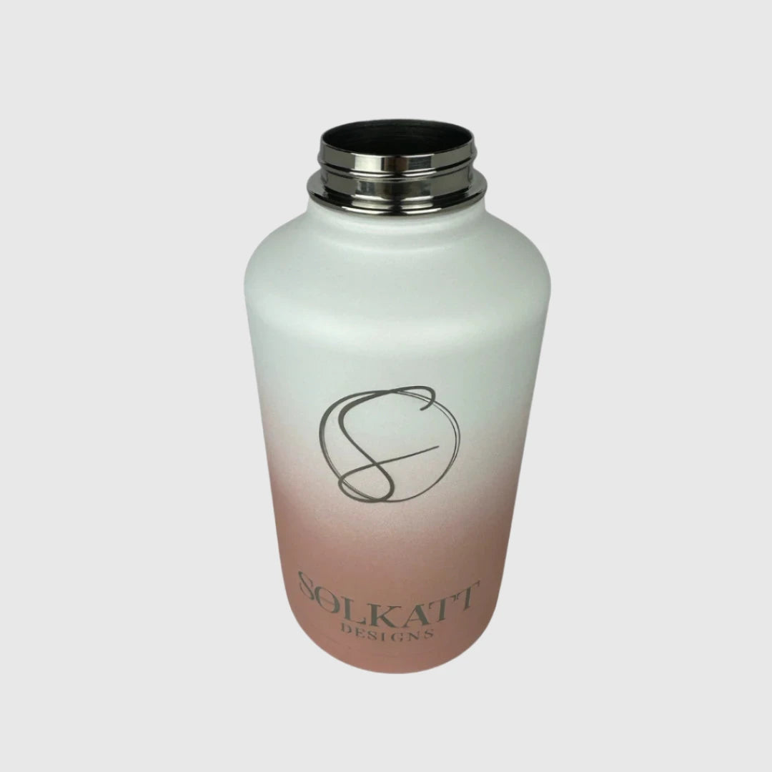 Coral Pink insulated water bottle close up with lid off - 1.9L (64oz) - Solkatt Designs
