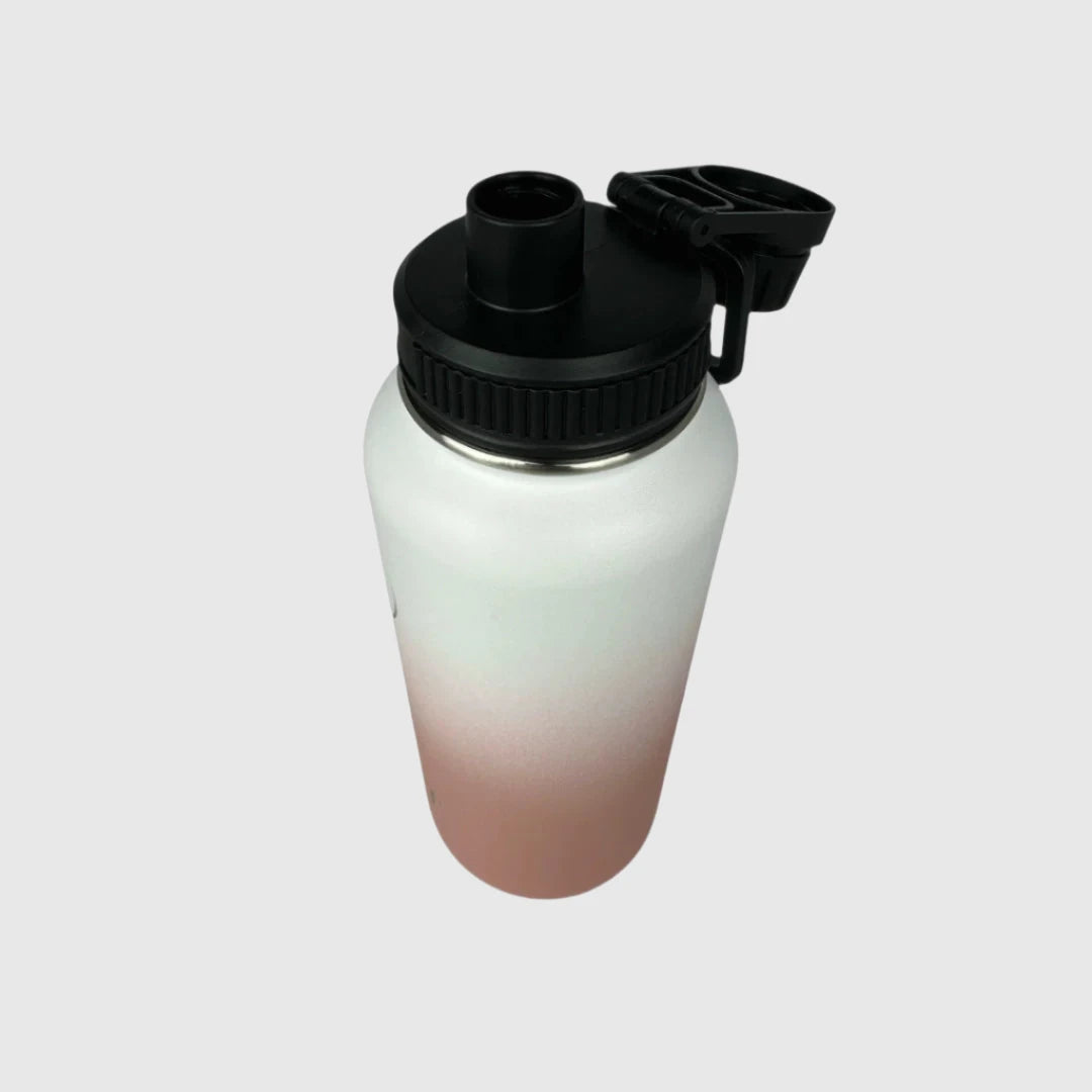 Coral Pink insulated water bottle close up of small gulp lid open - 950ml - Solkatt Designs