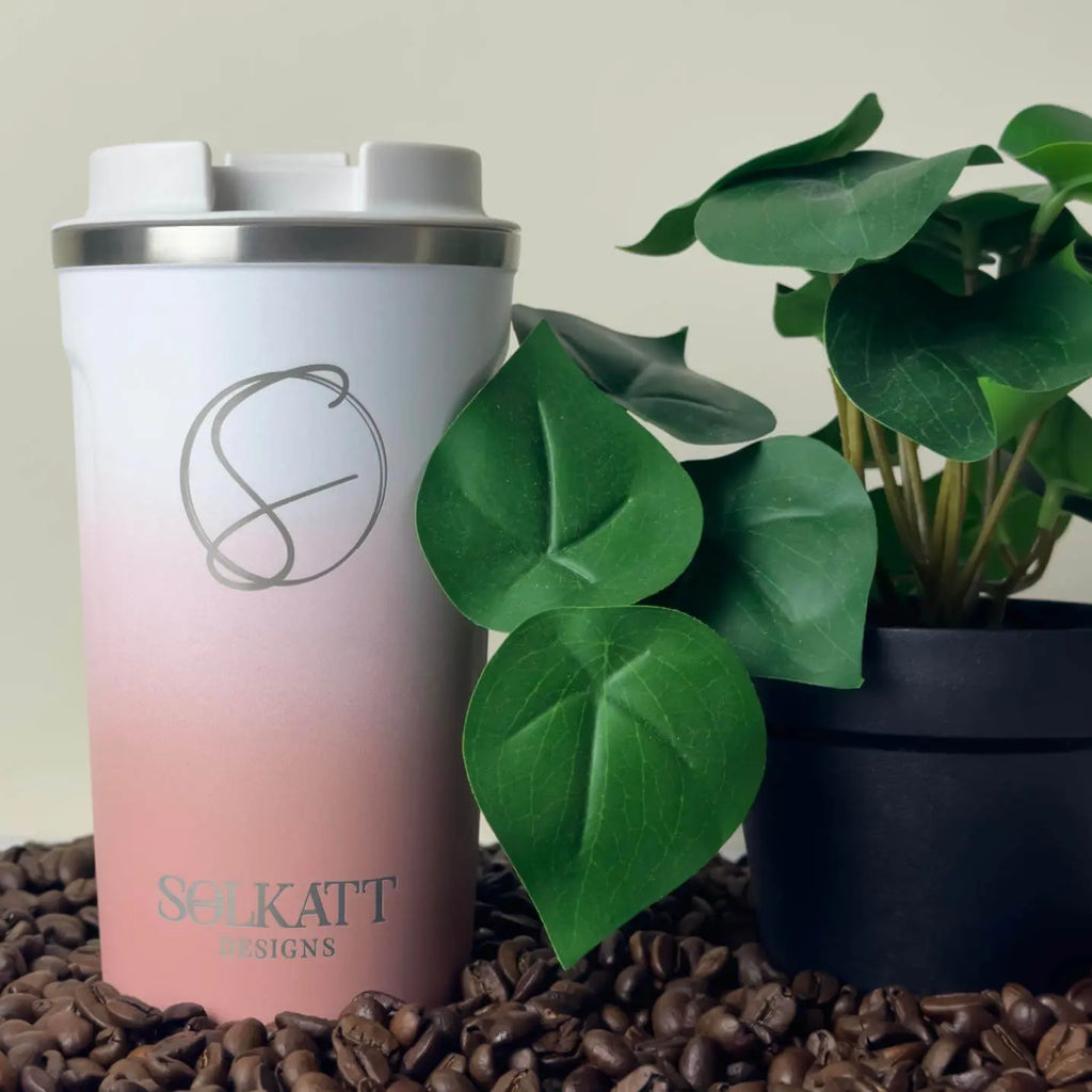 Coral Pink Insulated Travel Coffee Cup - 500ml Stainless Steel - Solkatt Designs 