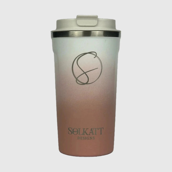 Coral Pink stainless steel reusable coffee cup front view – Solkatt Designs