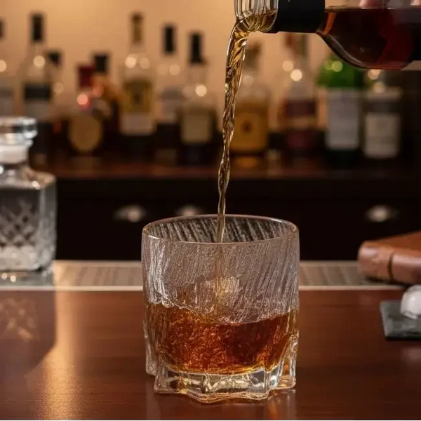 Dragon Claw whisky glass with bourbon being poured, capturing the liquid mid-stream.