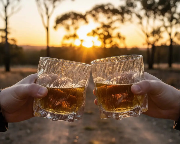 Two glasses of whiskey clinking together with a sunset in the background