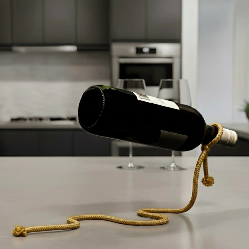 Floating-style tan rope wine bottle holder used as a functional tabletop bottle stand.
