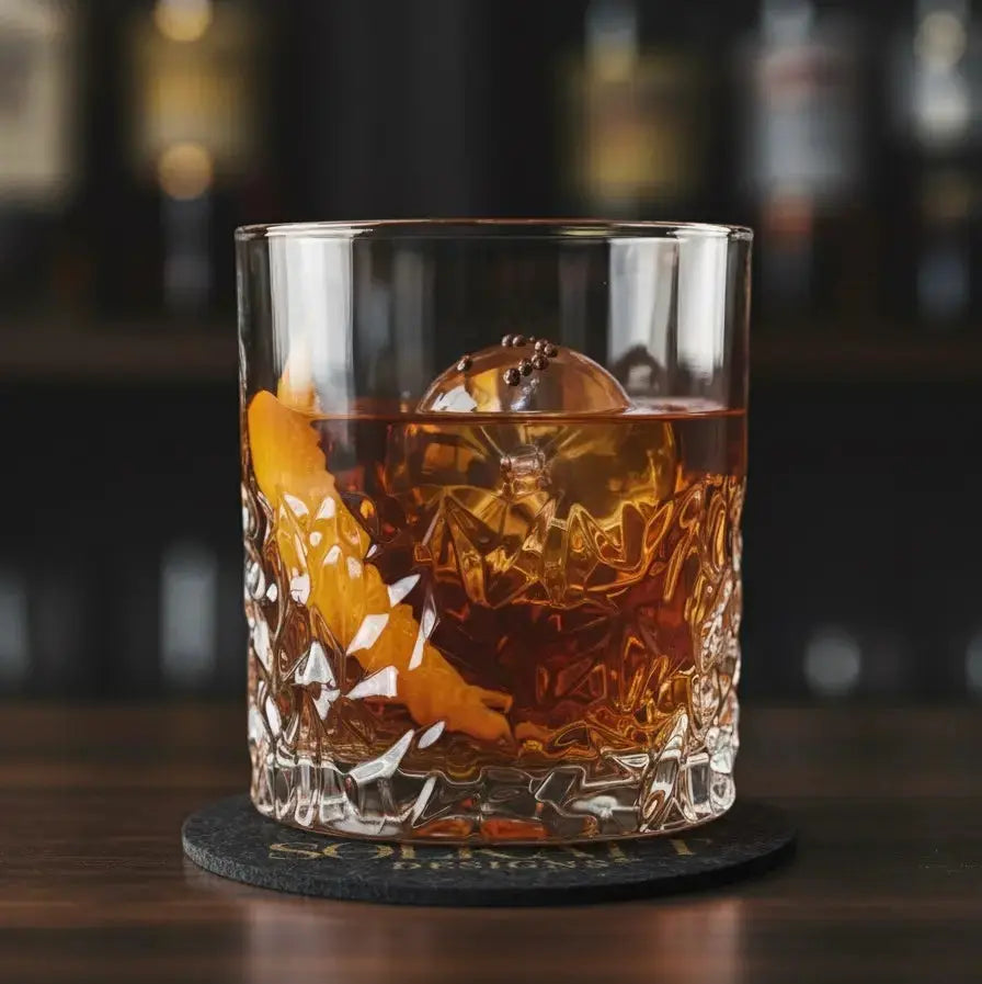 Frosted bottom whisky glass with ice cubes, perfect for chilling whisky, bourbon, or other spirits.