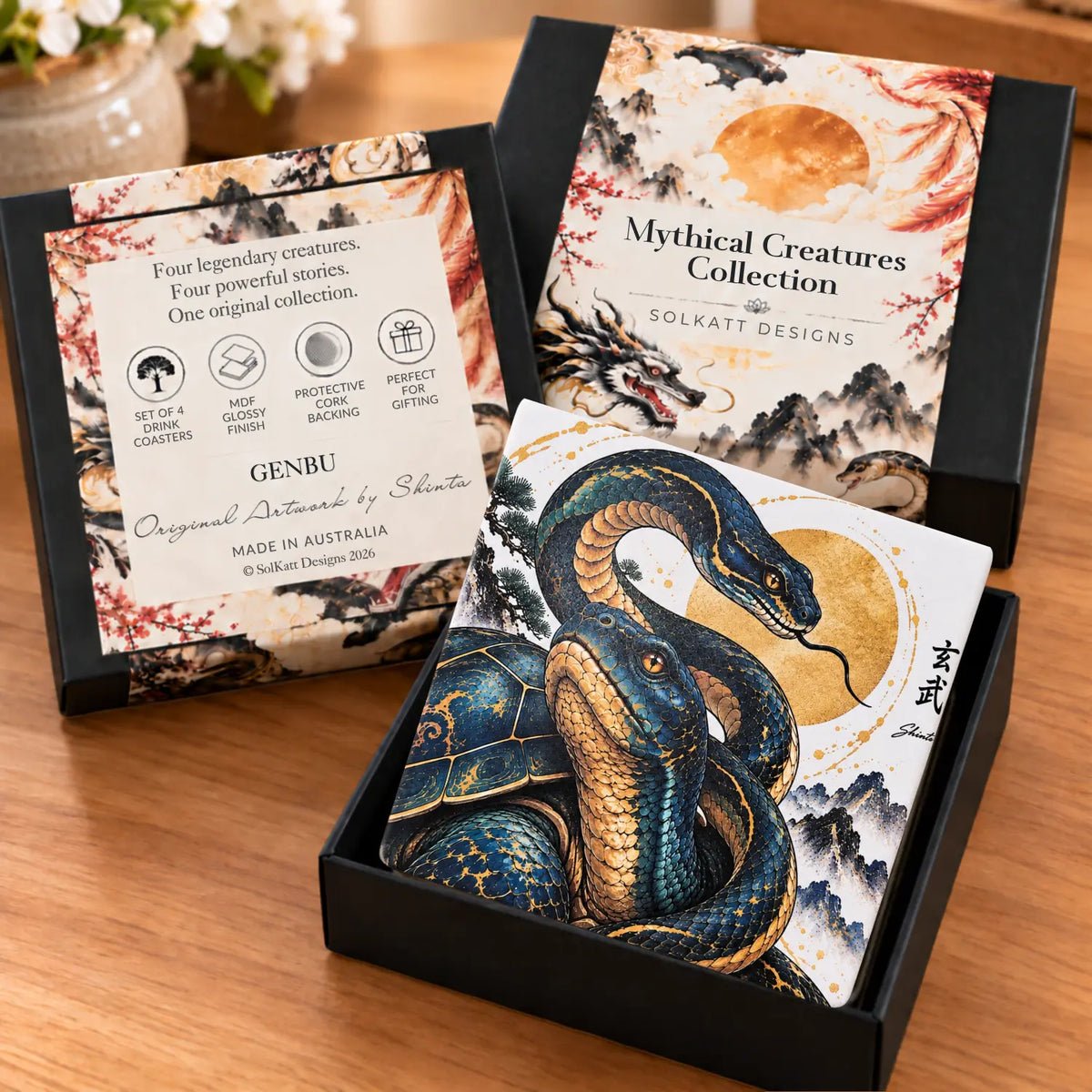 genbu drink coaster in a black slide out gift box