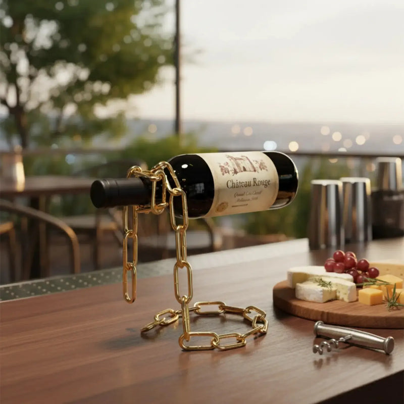 Luxurious gold chain wine rack displaying a bottle of merlot on a outdoor home bar, perfect for contemporary home decor.