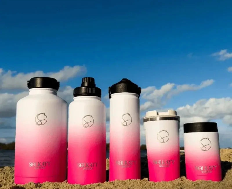 Hot pink water bottles travel cup and can bottle cooler Solkatt Designs