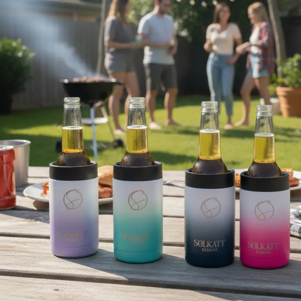 Four insulated bottle coolers on a wooden table at a backyard party, each holding a glass bottle of beer. The coolers have ombre designs in lavender, teal, navy, and pink, with the brand name 'SOLKATT DESIGNS' printed in gold.