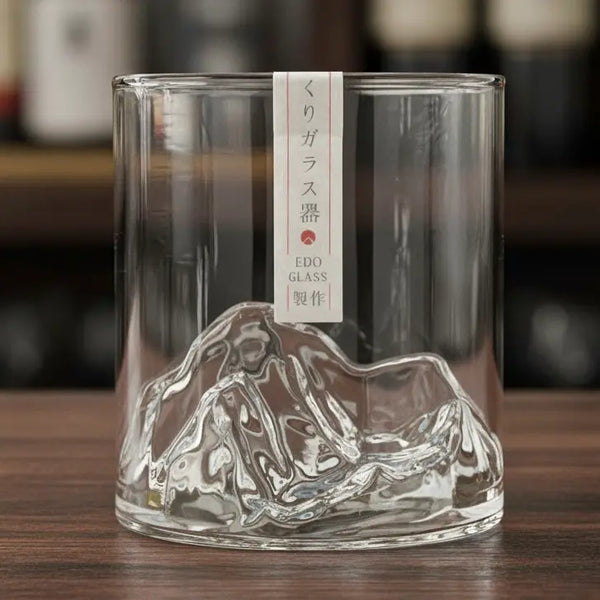 Japanese Mountain Whisky Glass empty on bar top, highlighting its sophisticated shape.