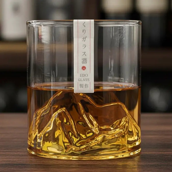 Japanese Mountain Whisky Glass filled with whisky on the rocks, highlighting aroma and colour