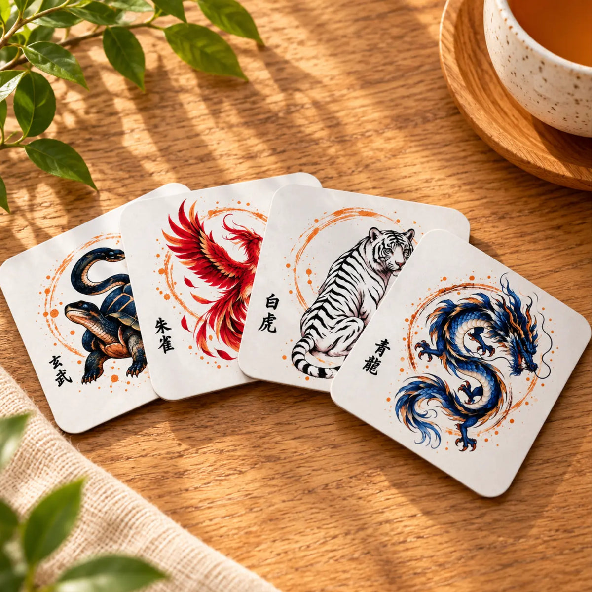 Japanese Drink Coasters Set of 4 – Minimalist Mythical Creatures - Solkatt Designs