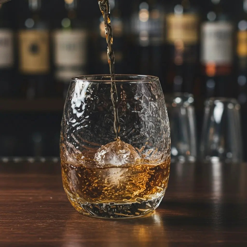 Bourbon being poured into a Japanese Silkworm whisky glass with a rich amber glow.