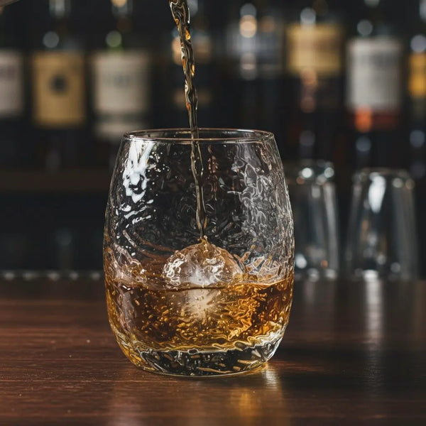 Bourbon being poured into a Japanese Silkworm whisky glass with a rich amber glow.