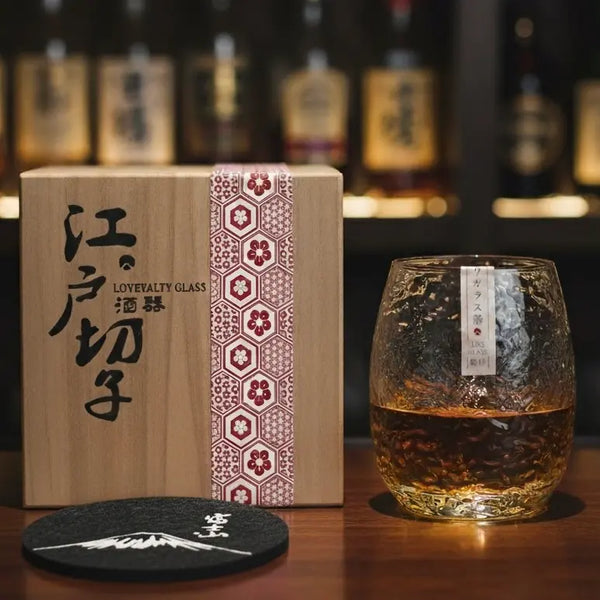 Japanese Silkworm whisky glass gift set featuring wooden box and matching coaster.