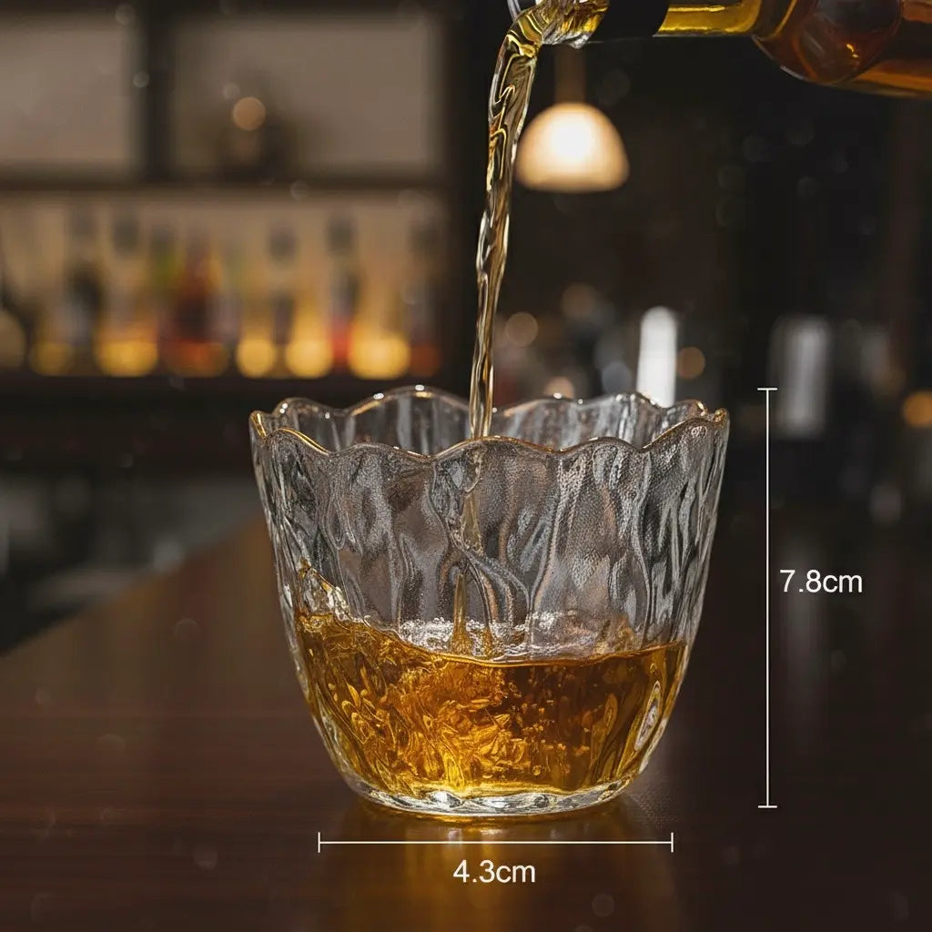 Japanese whisky glass with golden whisky being poured into it on a bar.