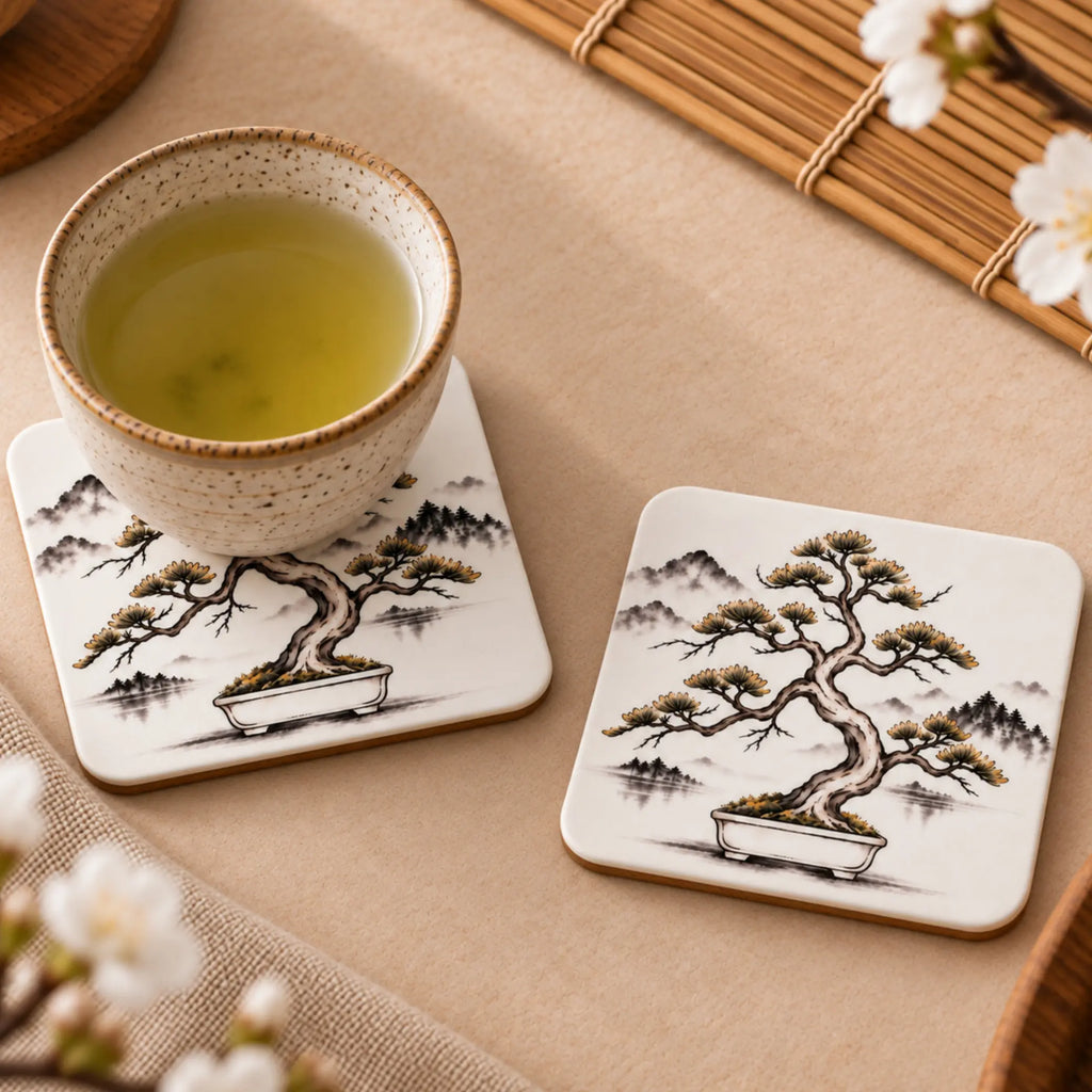Bonsai Japanese-inspired drink coaster from the Solkatt Designs Stillness Collection with a cup of green tea  on MDF coaster