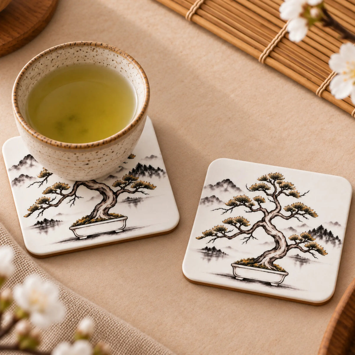 Bonsai Japanese-inspired drink coaster from the Solkatt Designs Stillness Collection with a cup of green tea  on MDF coaster