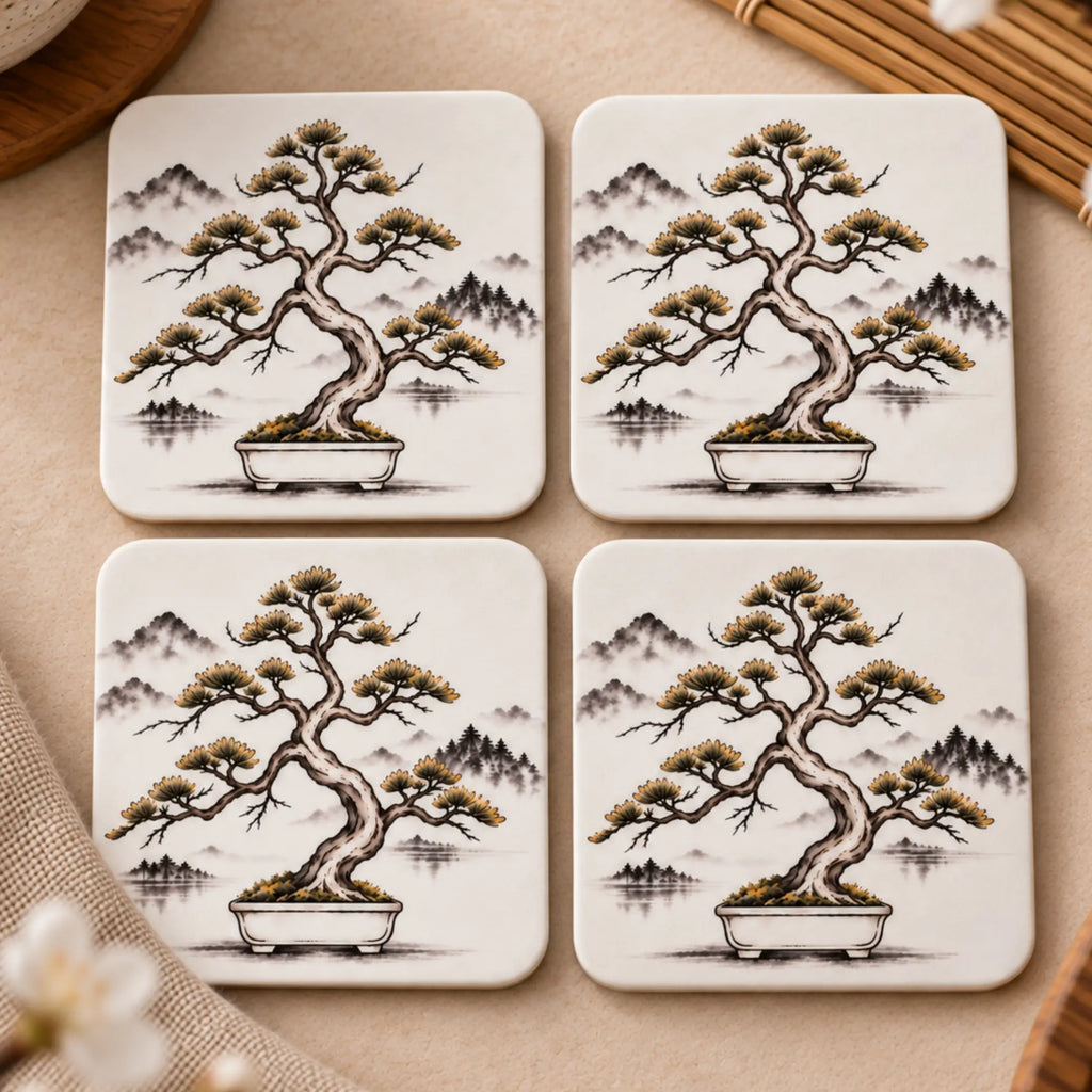 Stillness Collection bonsai Japanese-inspired MDF coaster set of 4 with original sumi-e style artwork - Solkatt designs