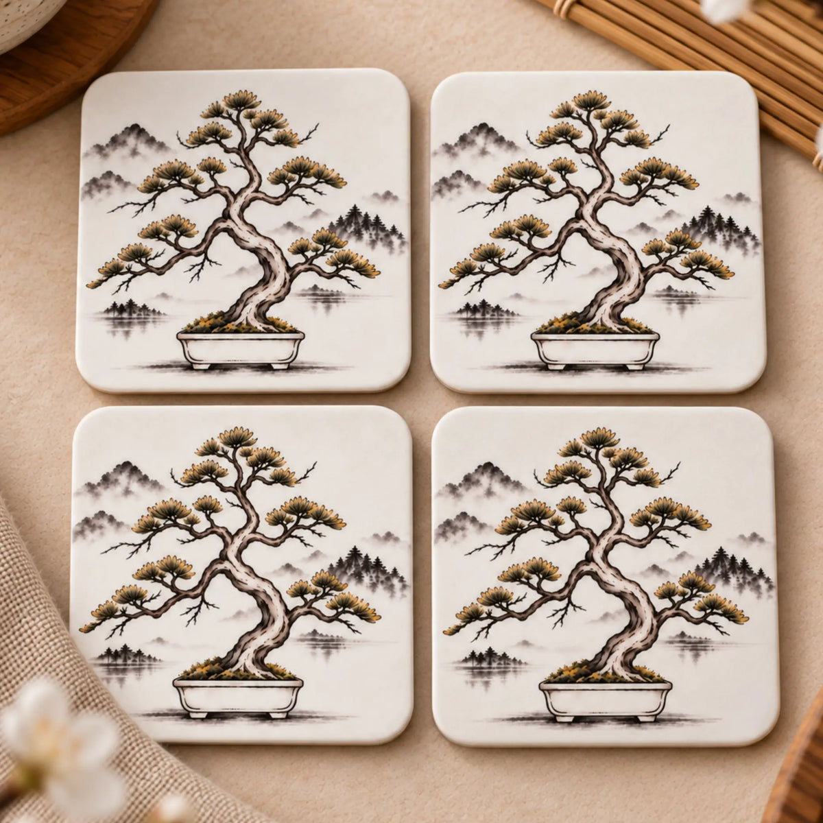Stillness Collection bonsai Japanese-inspired MDF coaster set of 4 with original sumi-e style artwork - Solkatt designs