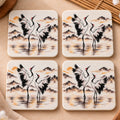 Stillness Collection cranes Japanese-inspired MDF coaster set of 4 with original sumi-e style artwork - Solkatt Designs