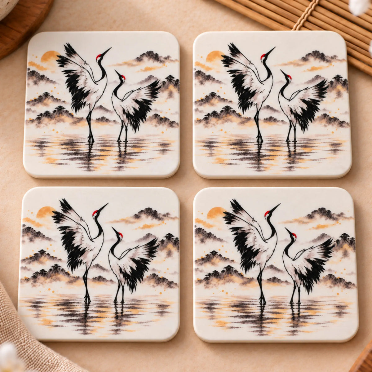 Stillness Collection cranes Japanese-inspired MDF coaster set of 4 with original sumi-e style artwork - Solkatt Designs