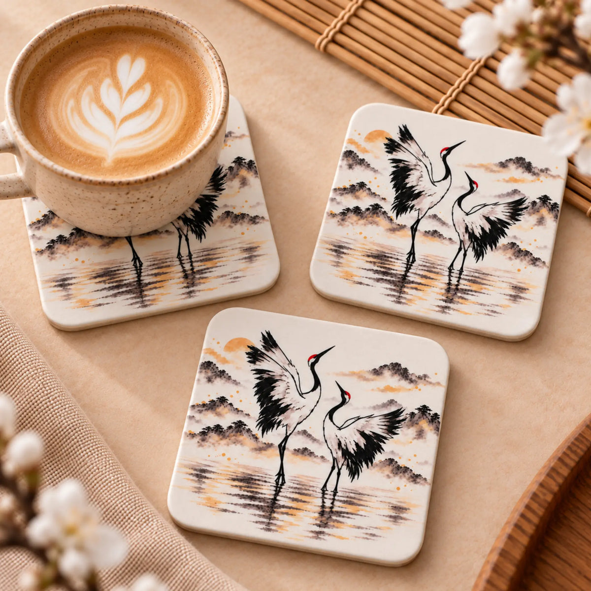 Cranes Japanese-inspired drink coaster from the Stillness Collection with a latte on MDF coaster - Solkatt designs