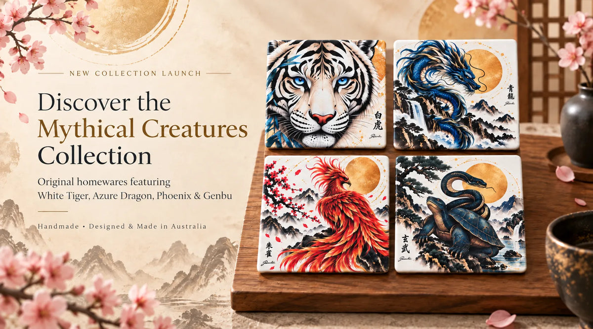 Solkatt Designs Mythical Creatures Collection launch featuring handmade Australian homewares inspired by the White Tiger, Phoenix, Azure Dragon and Tortoise and Snake. Desktop banner