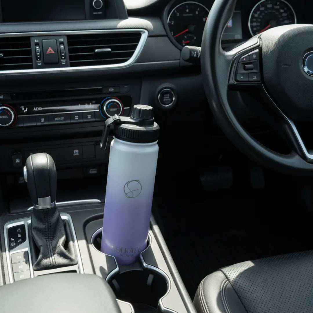 lilac 650ml drink bottle sitting in a car cupholder - Solkatt Designs