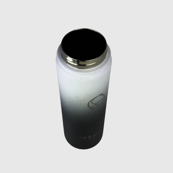 Midnight Black insulated water bottle close up with lid off - 650ml - Solkatt Designs