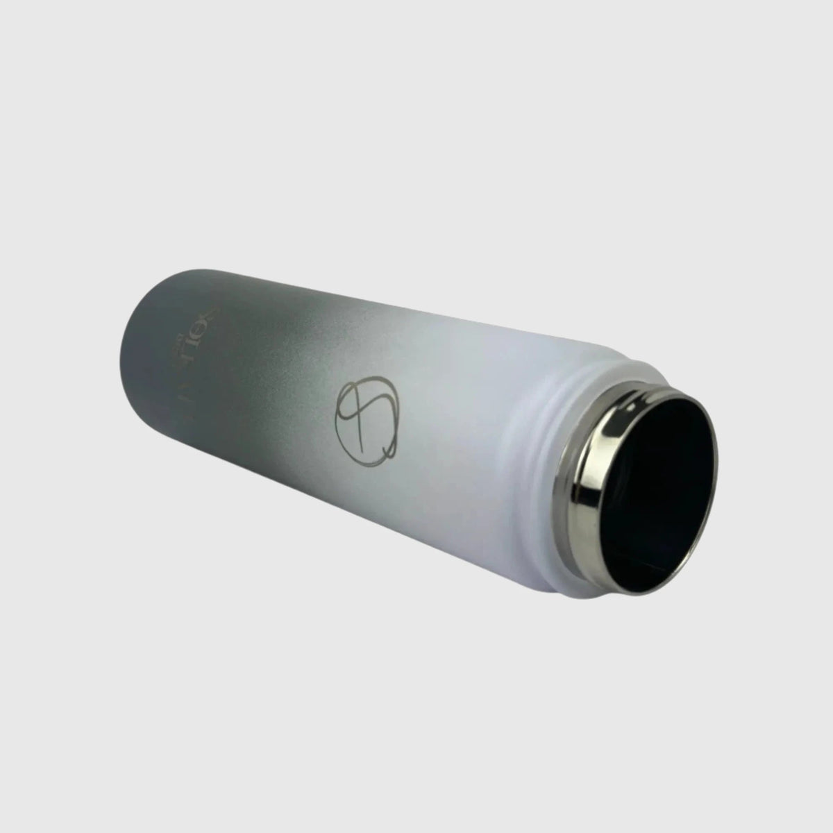 Misty Grey insulated water bottle laying on the side showing opening - 650ml - Solkatt Designs