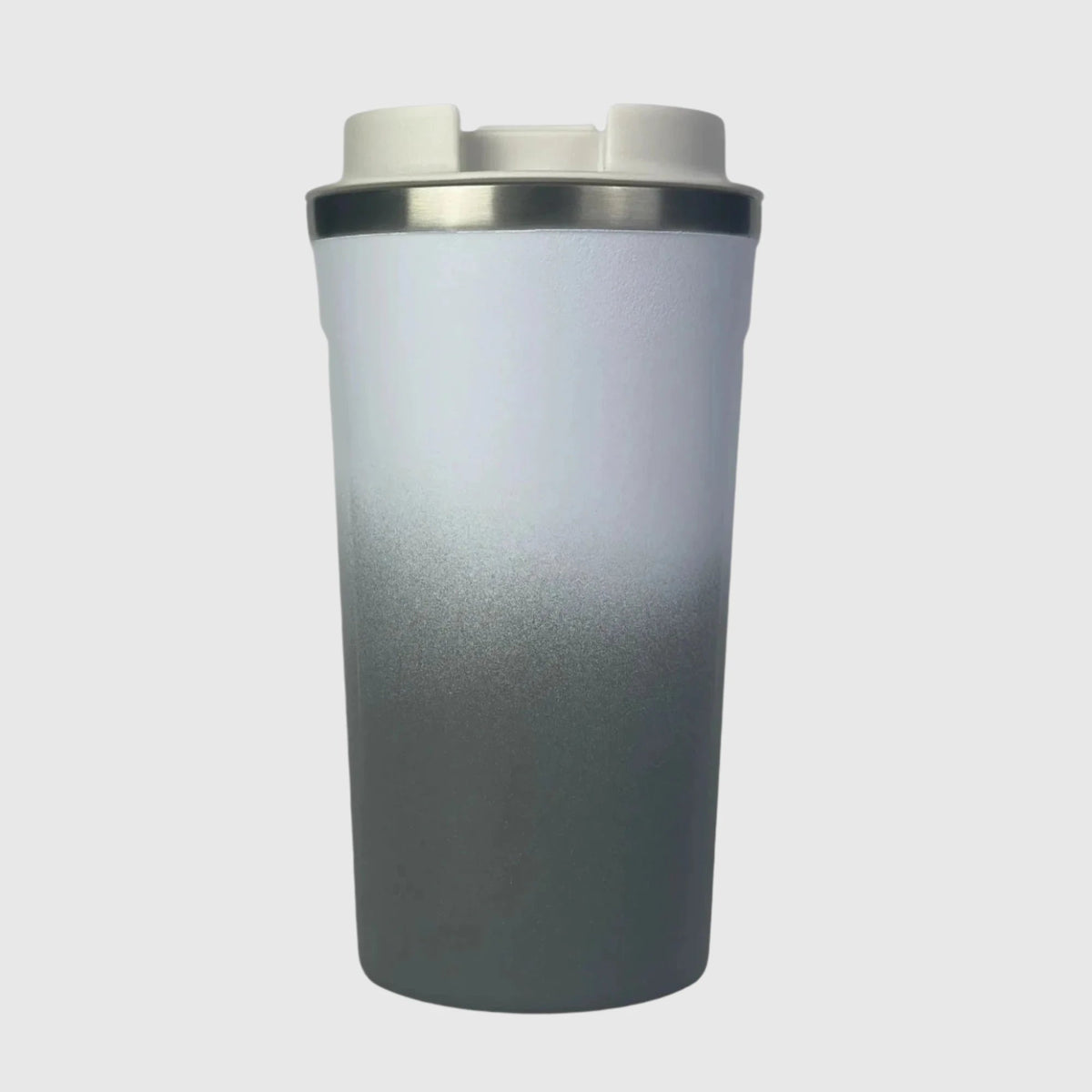 Misty Grey reusable coffee cup back view with lid – Solkatt Designs