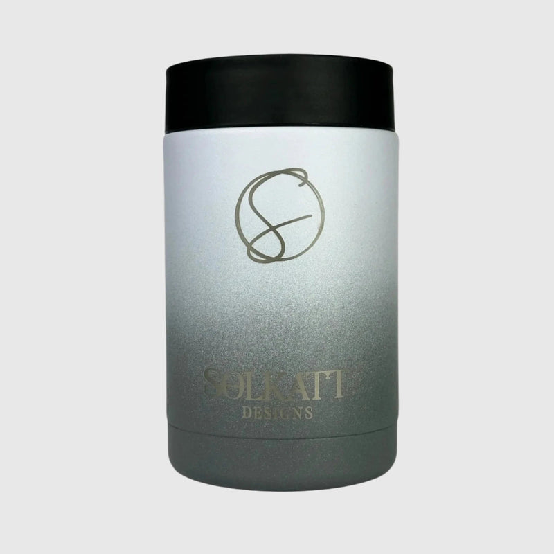 Misty Grey stainless steel insulated stubby cooler front view - Solkatt Designs