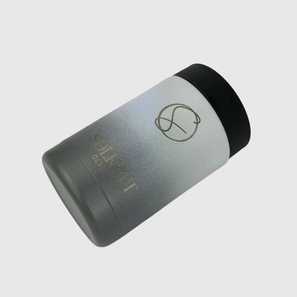Misty Grey stubby cooler side view showing Solkatt logo and base - Solkatt Designs