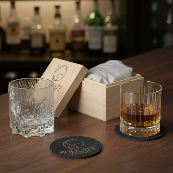 Two-glass whisky gift set featuring mix and match styles, elegantly boxed for gifting