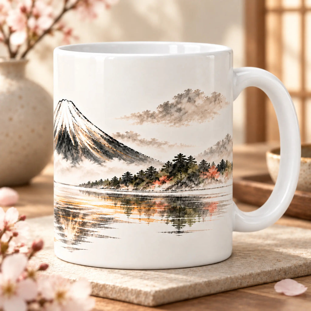 Mount Fuji Japanese-inspired 11oz coffee mug, left side product view