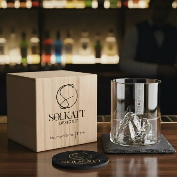 Japanese Mountain Whisky Glass in gift set with coaster, perfect for whisky lovers