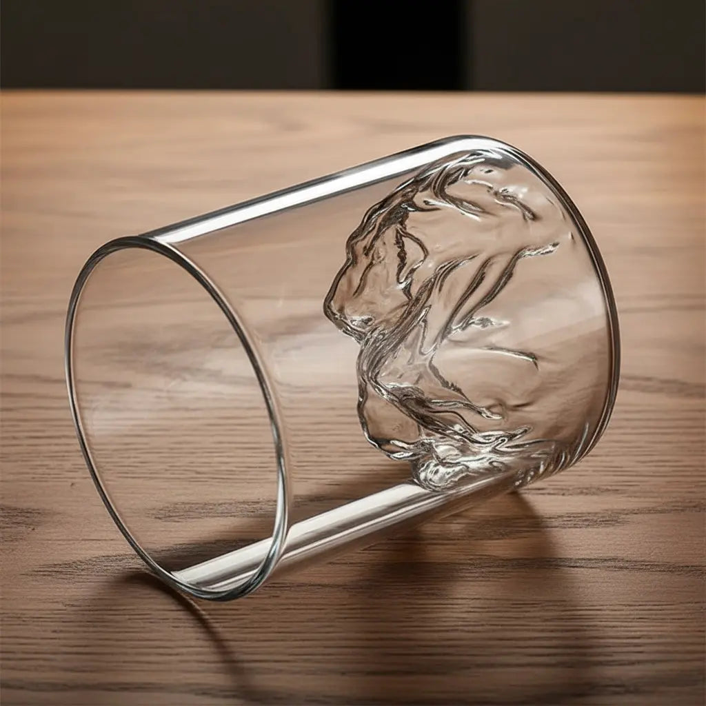 Japanese Mountain Whisky Glass on its side, showcasing unique base and craftsmanship