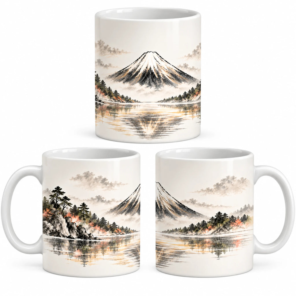Mount Fuji 11oz Japanese-inspired ceramic mug shown from front, left and right sides, Japanese art gift idea