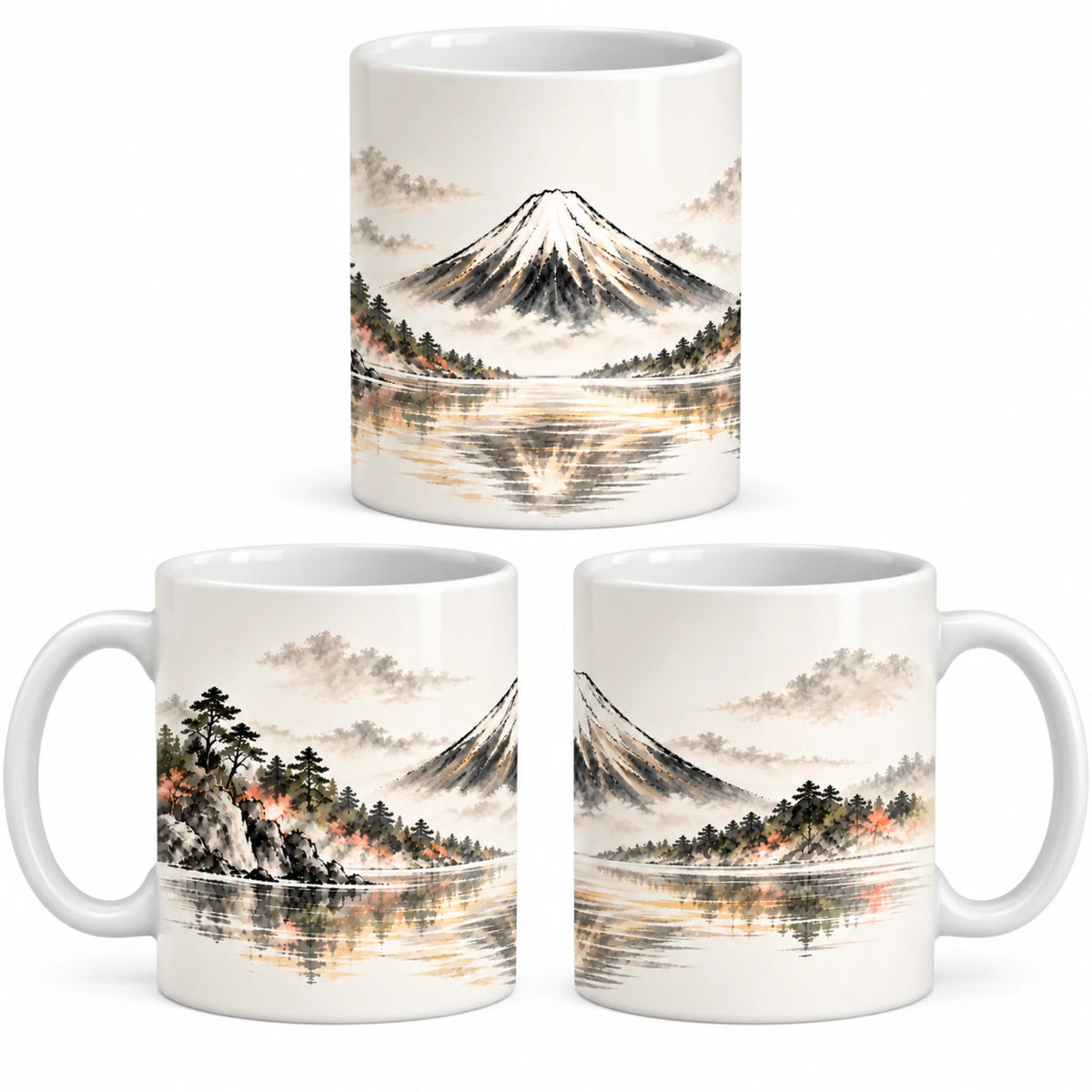 Mount Fuji 11oz Japanese-inspired ceramic mug shown from front, left and right sides, Japanese art gift idea