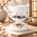Mount Fuji 11oz ceramic mug with Japanese-inspired landscape artwork, front view, Stillness Collection by Solkatt Designs