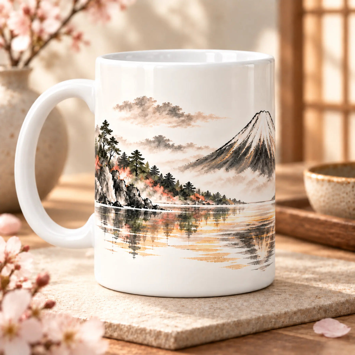 Mount Fuji ceramic coffee mug with Japanese-inspired landscape design, right side view