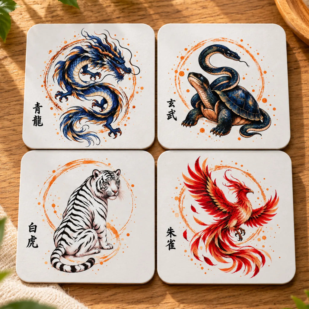 Japanese Drink Coasters Set of 4 – Minimalist Mythical Creatures - Solkatt Designs
