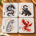 Japanese Drink Coasters Set of 4 – Minimalist Mythical Creatures - Solkatt Designs