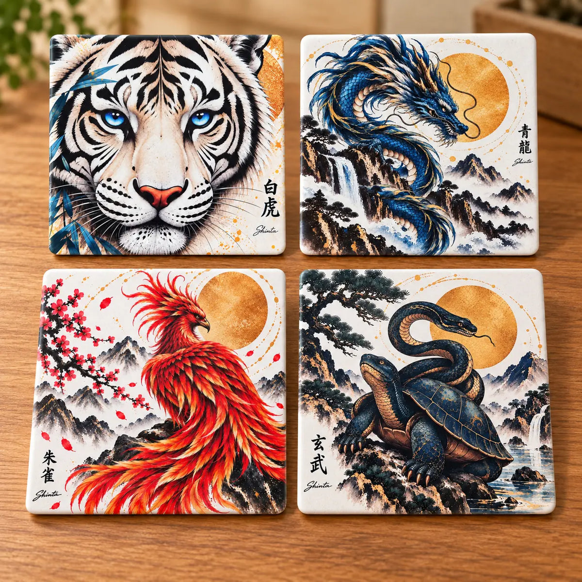 Mythical Creatures ceramic coaster set with White Tiger, Azure Dragon, Phoenix and Black Tortoise & Snake Japanese-inspired artwork by Solkatt designs