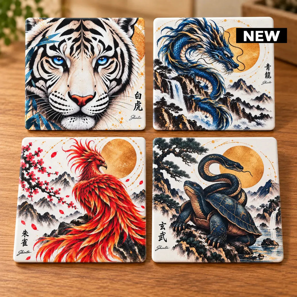 Mythical Creatures ceramic coaster set with White Tiger, Azure Dragon, Phoenix and Black Tortoise & Snake Japanese-inspired artwork by Solkatt designs