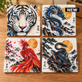 Mythical Creatures ceramic coaster set with White Tiger, Azure Dragon, Phoenix and Black Tortoise & Snake Japanese-inspired artwork by Solkatt designs