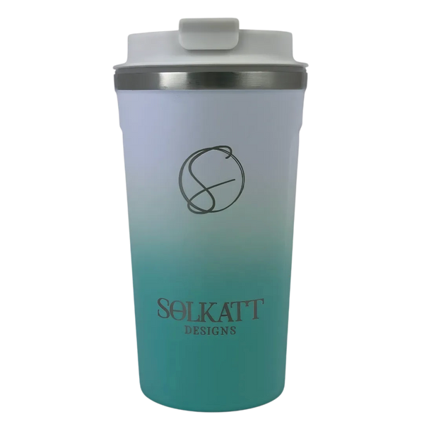 Ocean Aqua stainless steel reusable coffee cup front view – Solkatt Designs