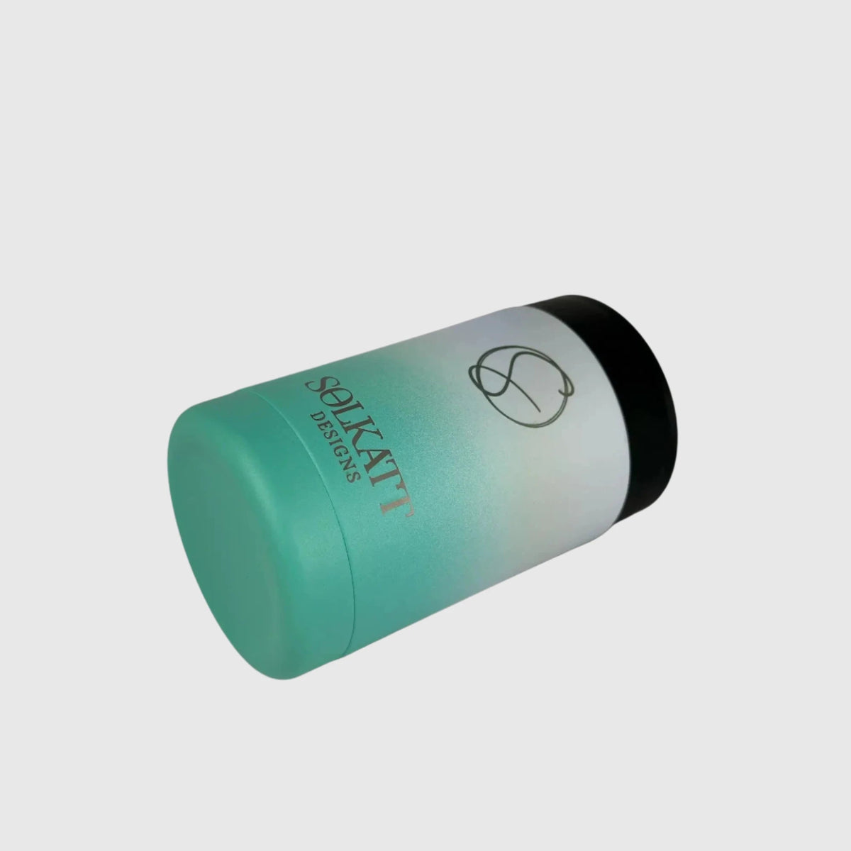 Ocean Aqua stubby cooler side view showing Solkatt logo and base - Solkatt Designs