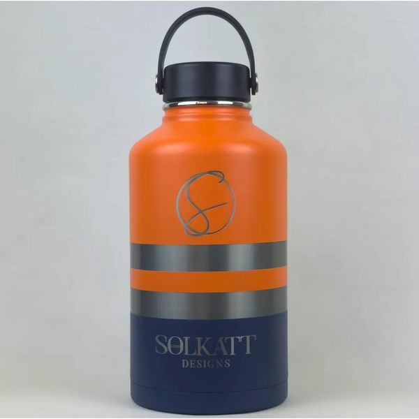 Orange Tradie insulated water bottle wide mouth lid front view - 1.9L (64oz) - Solkatt Designs