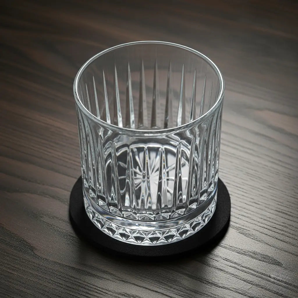 Empty Ozoku Japanese whisky glass on bar ready for a neat pour.